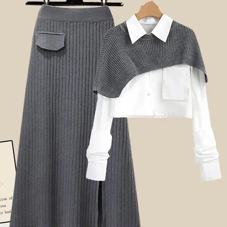 Spring Autumn Large Size Women's Shawl Shirt Three-piece Set+High Waist Knitting Half-body Skirt Set Women Fashion 3 Piece Set 3-piece set