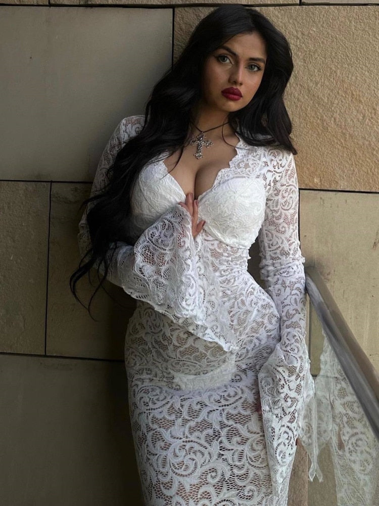 JULISSA MO – robe Maxi en dentelle transparente, élégante, transparente, col en v, Sexy, Chic, manches longues, ajourée, Slim, au sol, été, 2023