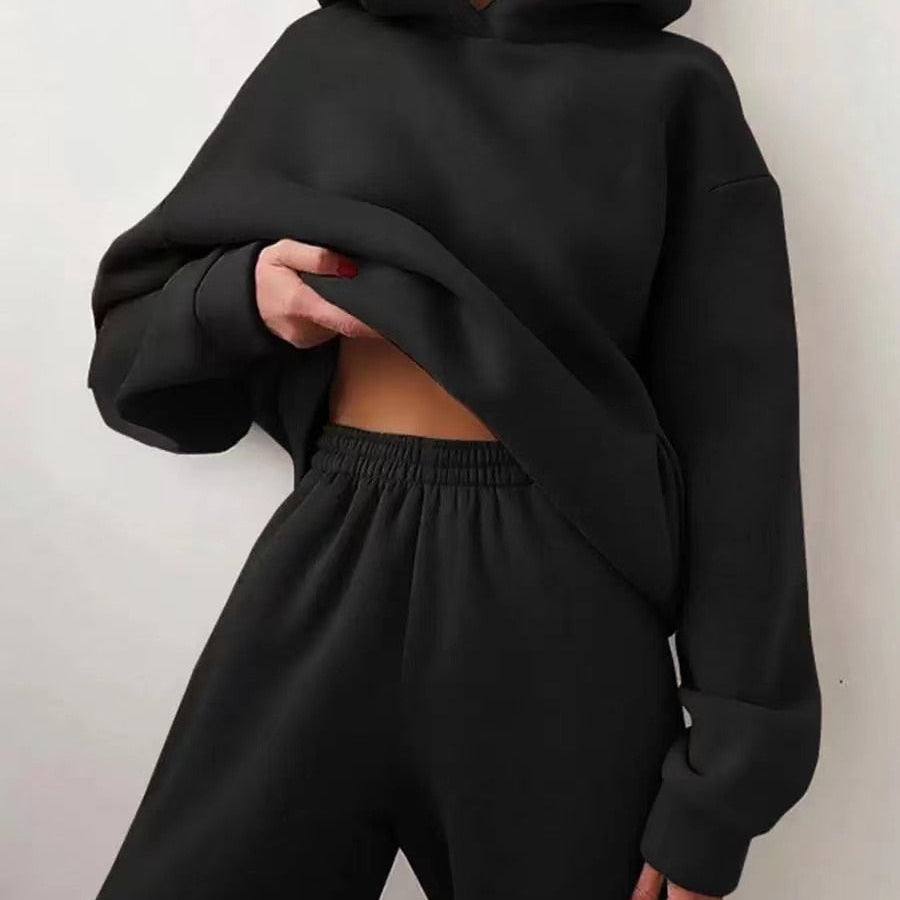 Winter Women Two Piece Sets Tracksuit Autumn Casual Solid Long Sleeve Hoodie Sweatshirts Female Oversized Trouser Pant Suit Black