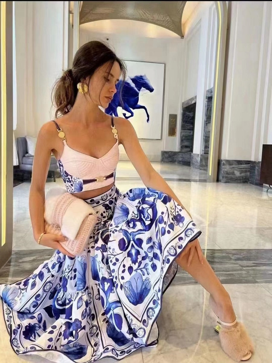 Woman tops satin 3D printing corset sexy women's camisole vest y2k clothes New metal buckle tube top + skirt suit bra