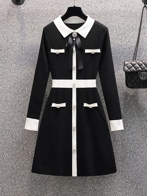 Small Fragrance Fall Winter Knitted Sweater Dress Women Bow Tie Buttons Vintage Party Mini Dress Elegant Casual Chic Robe Femme Black One Size