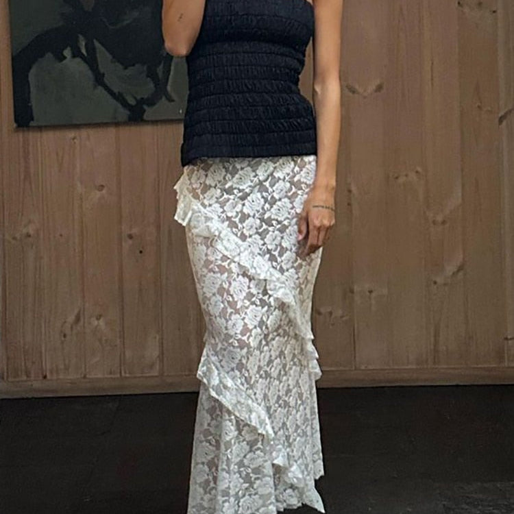 Fantoye Sexy See Through Lace Women Skirt Black High Waist Floral Y2k Skirt Femme Summer Casual Vacation Outside Streetwear 2023 White