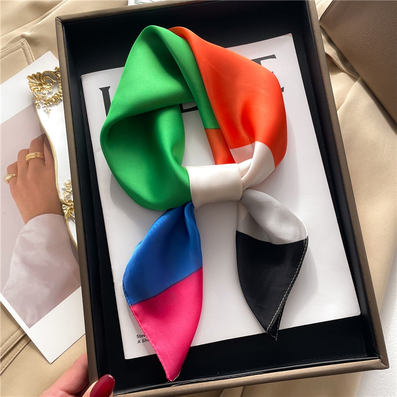 Fashion Hair Scarf for Women Decor Headband Ribbon Satin Silk Square Scarves Lady Wrist Wrap Shawls Design Bandana Foulard FJ705-1