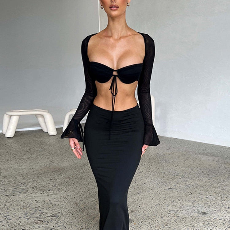 Townlike Yellow Backless Sexy Two Piece Set Lace Up Top Hollow Out Long Skirt Women Set Elegant Party 2 Piece Set Women Set Black