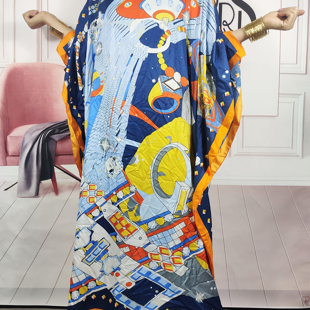 Kuwait Fashion - 2023 Summer Boho Loose Silk Kaftan Maxi Dress Oversized African Muslim Lady Abaya color 2 One Size