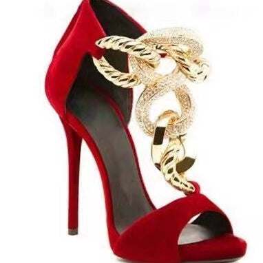 Cross Golden Chain Sandals Brand Design High Heel Sandalias Mujer Gladiator Black Suede Sandal Women Peep Toe Summer Shoes