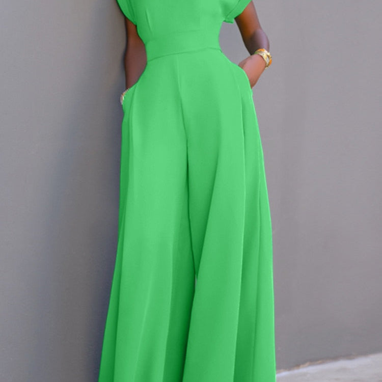 Summer Holiday Overalls Casual Elegant Playsuit Women Short Sleeve Long Rompers Commuting Wide Leg Pants Jumpsuits Green