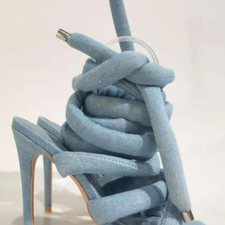 Summer Square Head Slim High Heel Sandals Wrapped Around The Feet Fashion Show Dress 43 Large Women's Sandals Light blue de