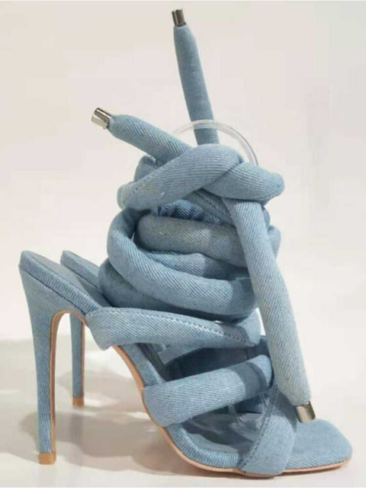 Summer Square Head Slim High Heel Sandals Wrapped Around The Feet Fashion Show Dress 43 Large Women's Sandals Light blue de