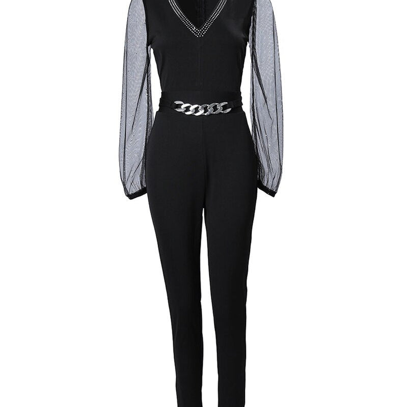 Deep V Neck Mesh Long Sleeve Jumpsuit One Piece Overall Women Black Elegant Rhinestone Chain Glitter Party Night Sexy Bodysuits