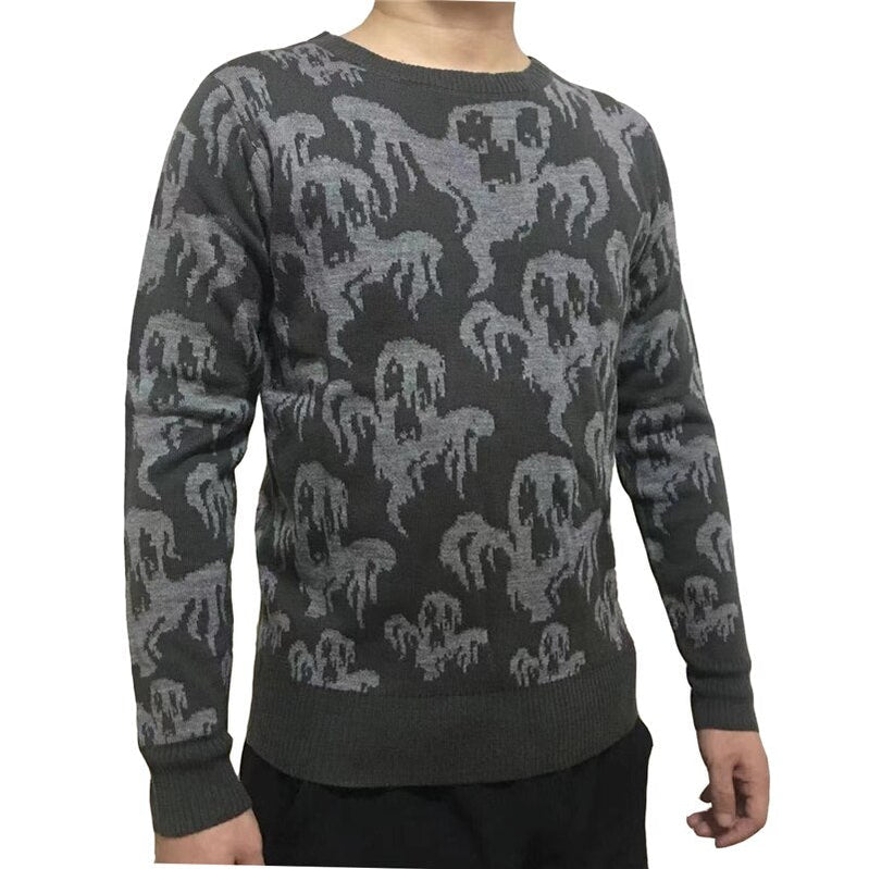Halloween Adult Unisex Men and Women Crew Neck Cute Vintage Knit Ghost Pattern Ugly Halloween Sweater