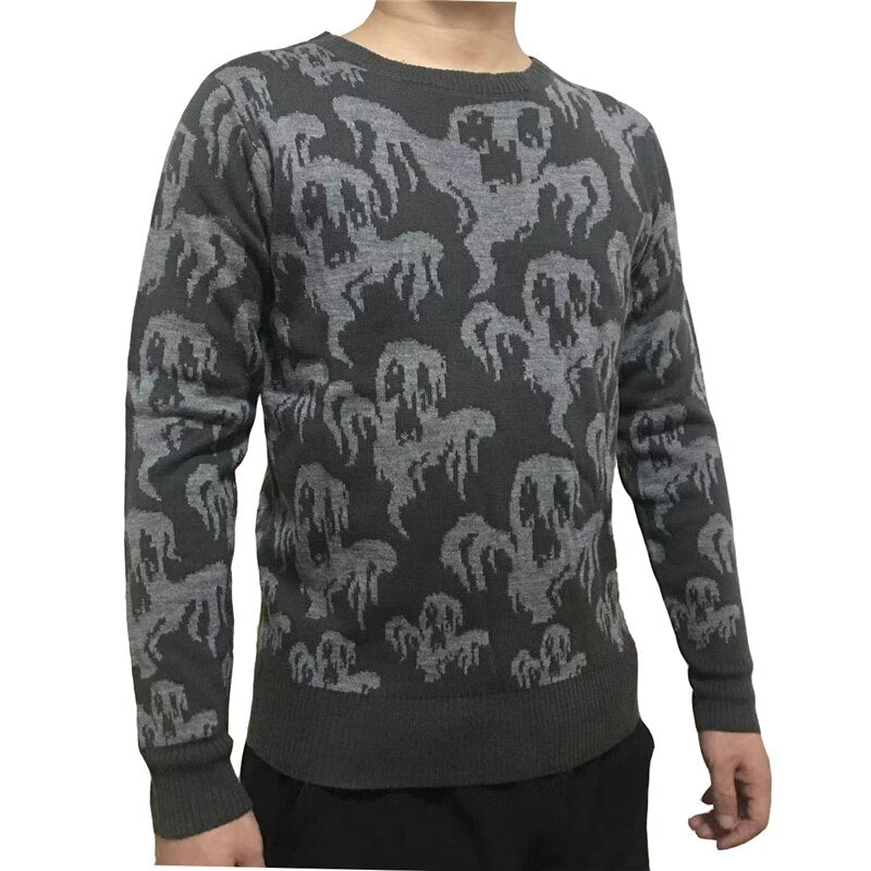Halloween Adult Unisex Men and Women Crew Neck Cute Vintage Knit Ghost Pattern Ugly Halloween Sweater