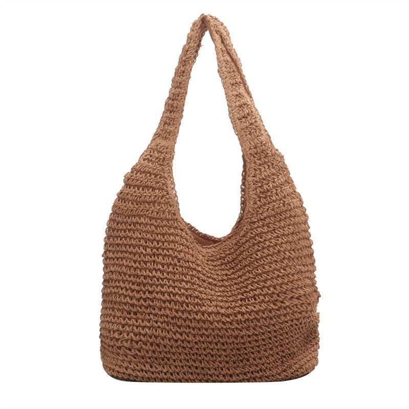 Women's Bag Soft Straw Bag Casual Long Woven Shoulder Bag Popular Light Travel Beach Bag brown Spain