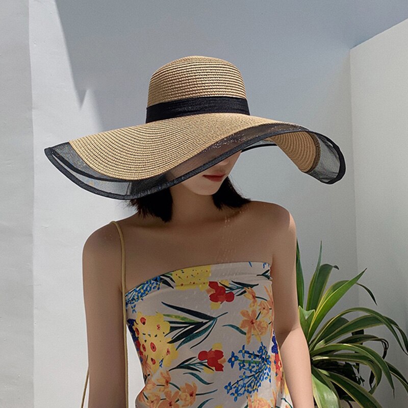Women Sun Hat Big Eaves Waves Beach Cap Ladies Hat Big Brim Sun Visors UV Cut Bucket Panama Cap Foldable Straw Sunscreen Vintage 6-beige One Size