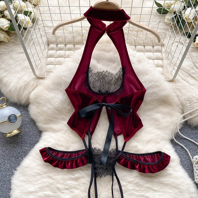 Women Cheongsam Velour Bodysuit Retro Backless Hollow Combination Catsuits Fashion One Piece Sexy Erotic Halter Rompers