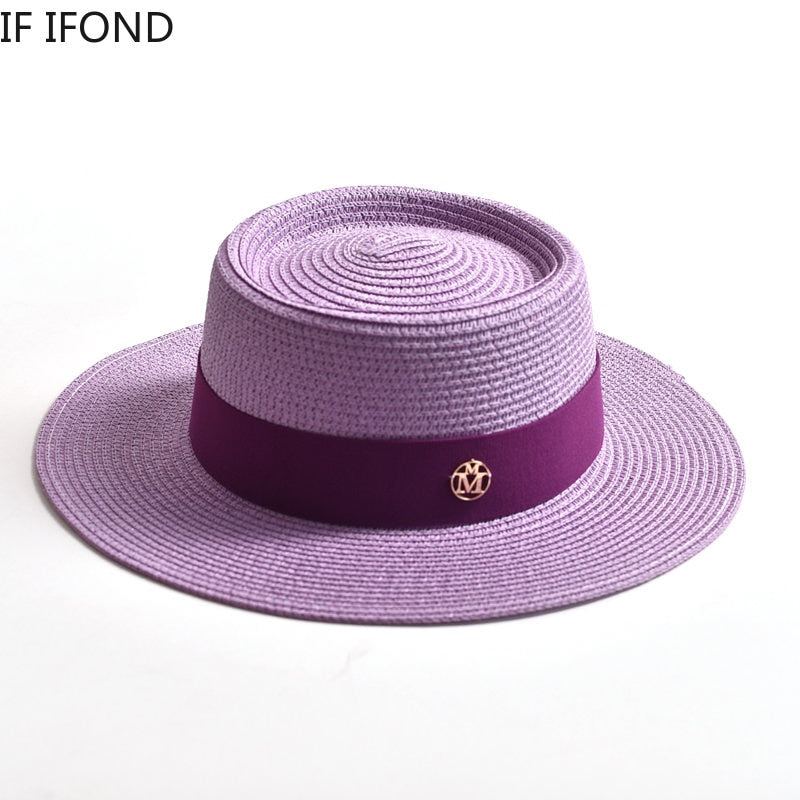 Neue Sommer -Strohhalm -Hüte für Frauen Damen Fashion Flat Rand Ribbon Strand Hut Travel Kleid Cap Chapeau Femme