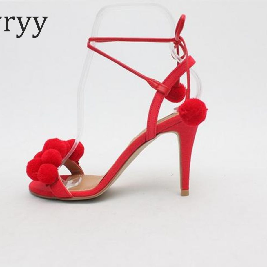 Colorful Fur Ball Strappy Sandals Summer Cute Roman Women's Shoes Red Temperament Pointy Toe Open-toed Strappy High Heels 41