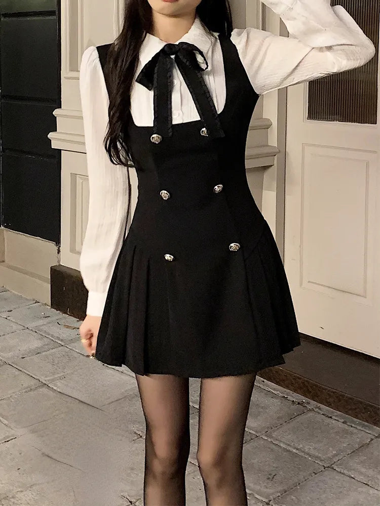 Autumn Fake Two Dress Women Slim Chic Long Sleeve Bow Casual Y2k Mini Dress Female Korean Fashion Elegant Short Party Dress Mini dress