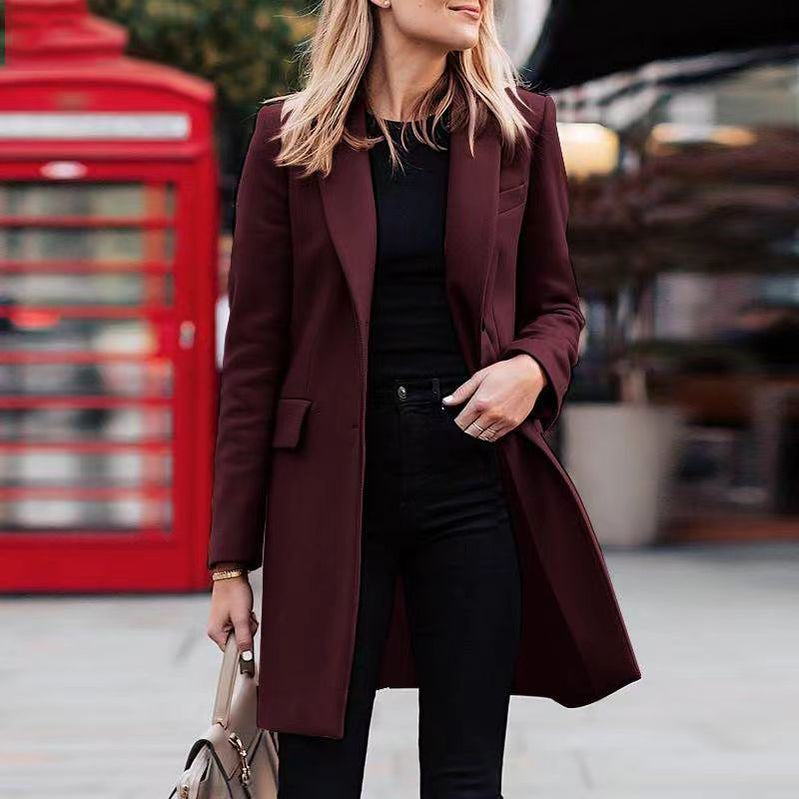 Autumn Winter Women's Wear Korean Version Slim-fit Long-sleeved Coat Women's Mid-length Suit Burgundy