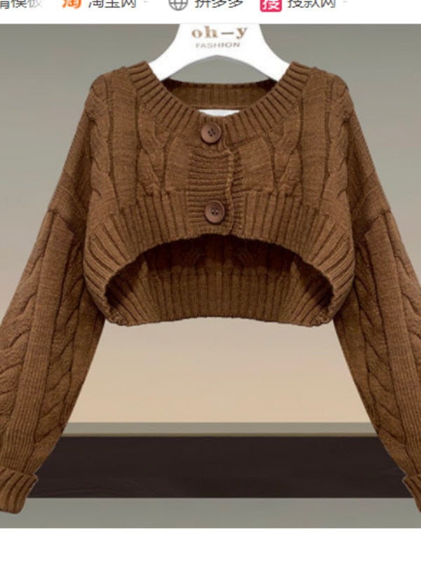 Fall Winter Two Piece Sets Women Outfits Korean Casual Long Sleeve Twist Knitted Short Sweater And Straped High Waist Dress Sets top 1