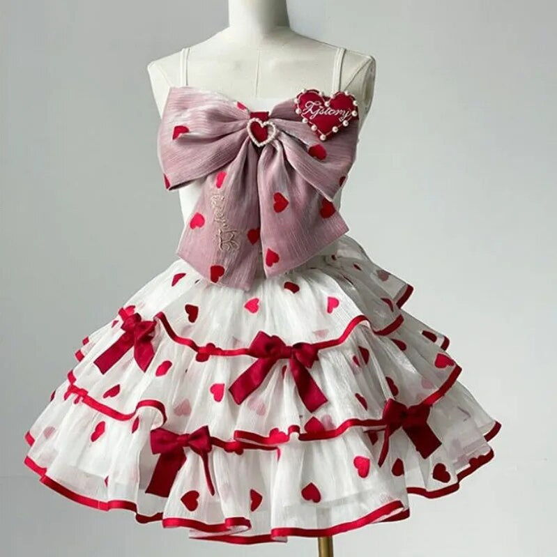 Japanese Victorian Lolita Dresses Women Gothic Cute Lace Bow Y2k Tank Tops Tiered Love Cake Skirt Suit Kawaii Sweet Lolita Sets Red and white suit