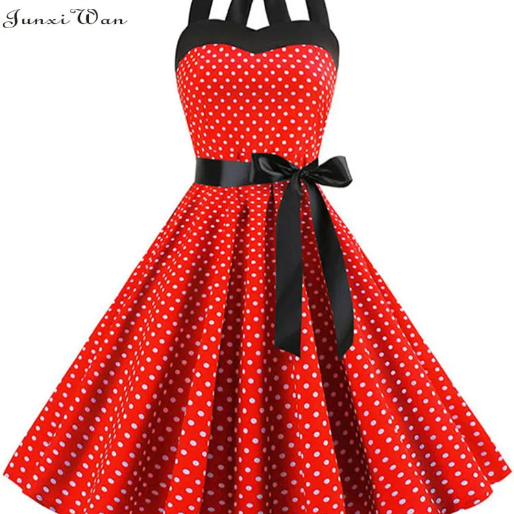 Polka Dot Dress Women Vintage Swing Halter Belt 50s 60s Rockabilly Prom Party Dresses Retro Feminino Vestidos