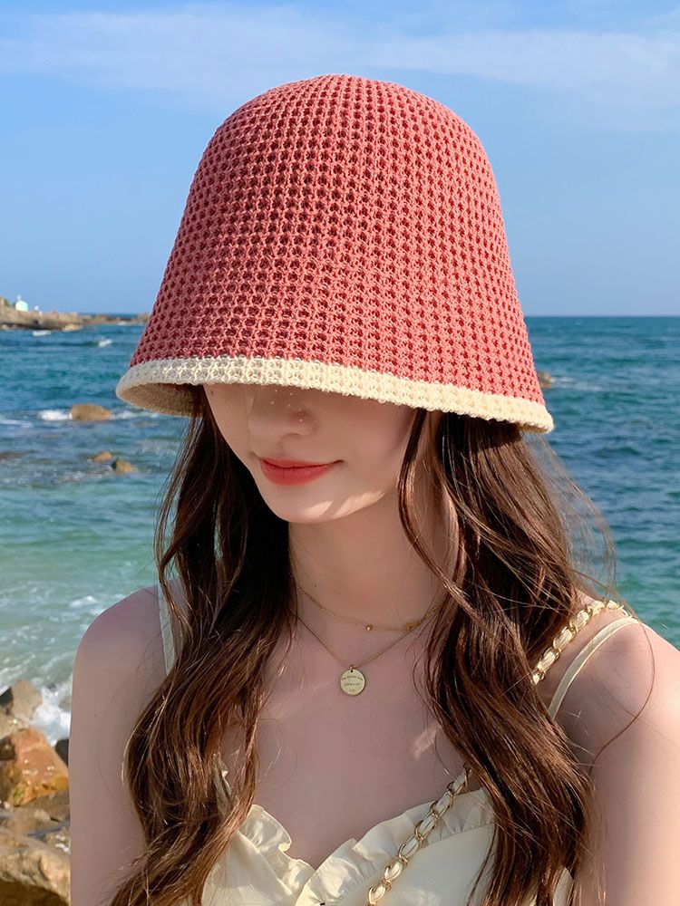Summer Bicolor Knit Bucket Hat For Woman Trendy Black Bucket Hat Sun Caps Fashion Trend Charm Y2k Young Girl Kpop Gift Girl