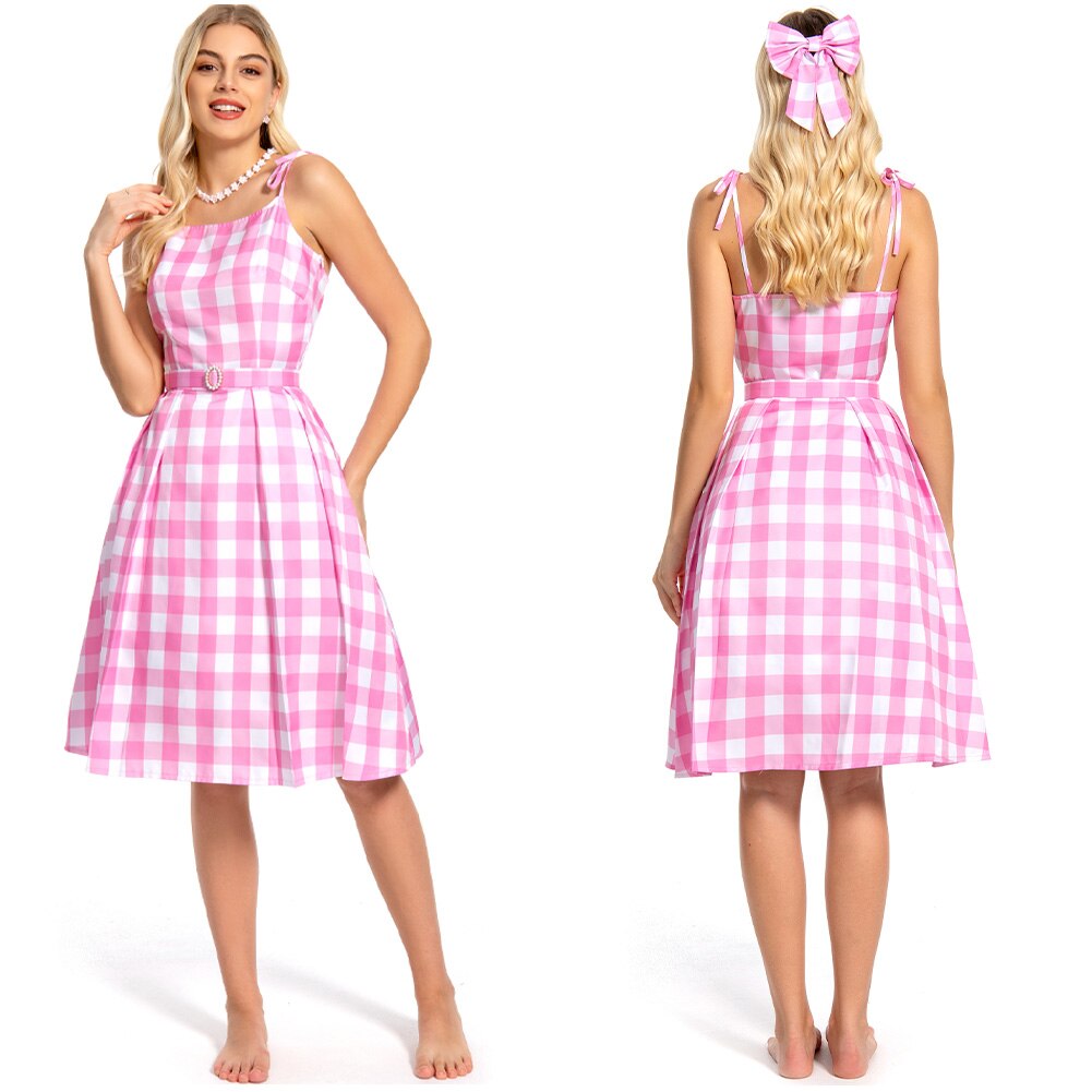 Margot Cosplay Kawaii Pink Plaid Dress Women Costume Movie Barbei Roleplay Fantasia Halloween Party Clothes For Disguise