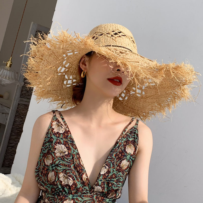 Summer Natural Raffia Straw Hat Large Wide Brim Sun Hats for Women Panama Ladies UPF Travel Holiday Beige Beach Floppy Hat