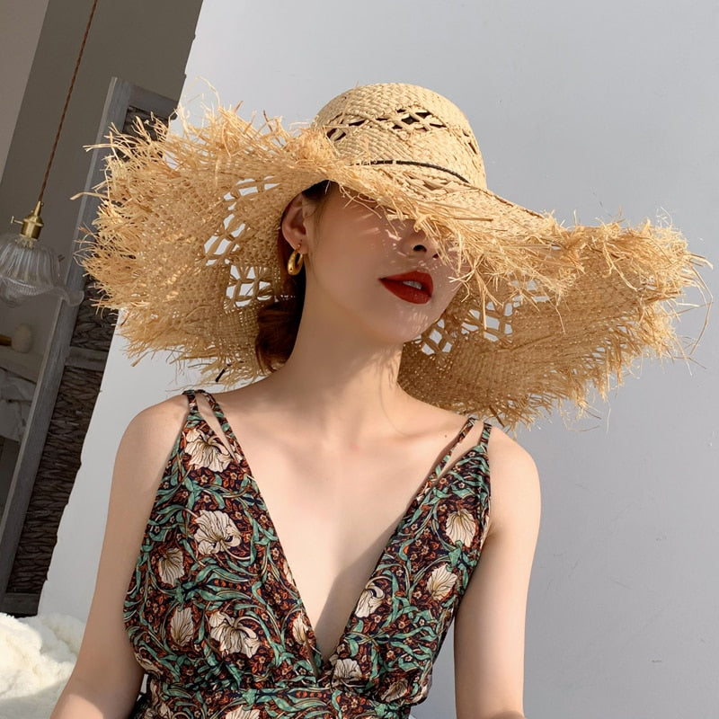 Summer Natural Raffia Straw Hat Large Wide Brim Sun Hats for Women Panama Ladies UPF Travel Holiday Beige Beach Floppy Hat