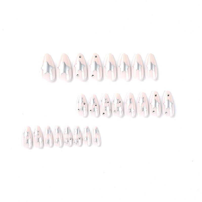 Sweet Cool Silver Stars Rhinestone Wearable Almond Shape Fake Nails Y2K Finished False Nails Press on Nails with Glue Wholesale
