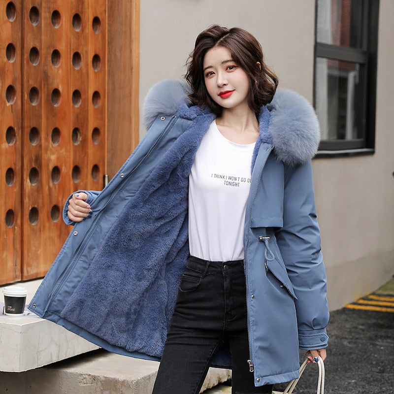 Women Parka Fashion Long Coat Wool Liner Hooded Parkas New Winter Jacket Slim with Fur Collar Warm Snow Wear Padded Clothes Blue