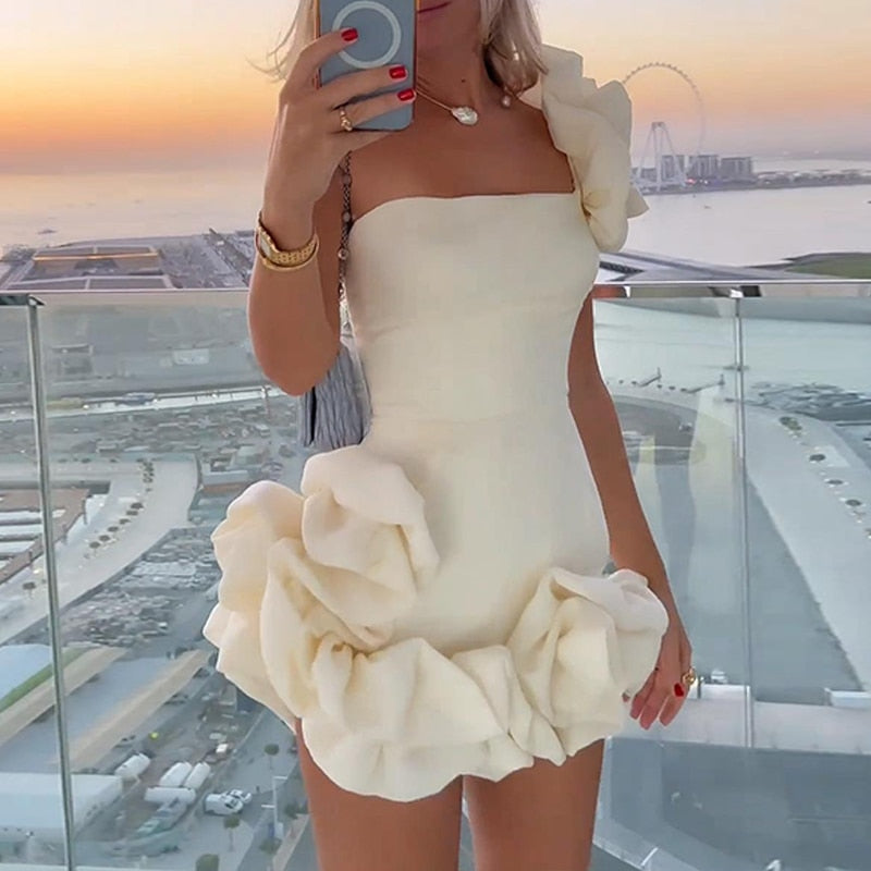 Summer Elegant Solid Mini Dress Sexy Strapless Irregular Ruffle Dress Fashion Ladies Off Shoulder Slim Club Party Dress Vestidos