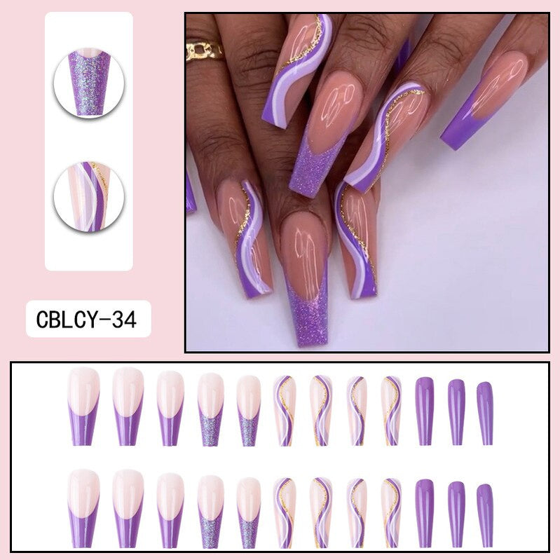 Black Comic Hand Drawn Pattern Wearable Nail Art Glossy Purple Long Ballet Detachable Finished False Nails Press on Nails MT793CBLCY34