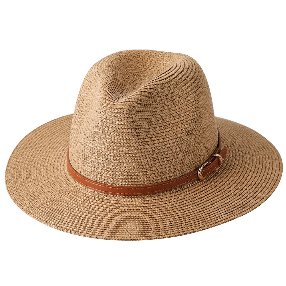 56-58-59-60CM New Natural Panama Soft Shaped Straw Hat Summer Women/Men Wide Brim Beach Sun Cap UV Protection Fedora Hat Khaki02