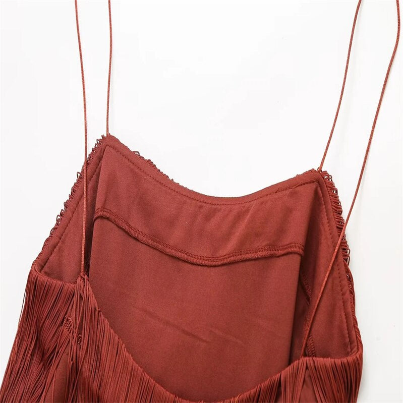 Fringed Slip Midi Dresses For Woman Sexy Backless Luxury Party Dress Woman Vintage Brown Sleeveless Dress Summer Dress