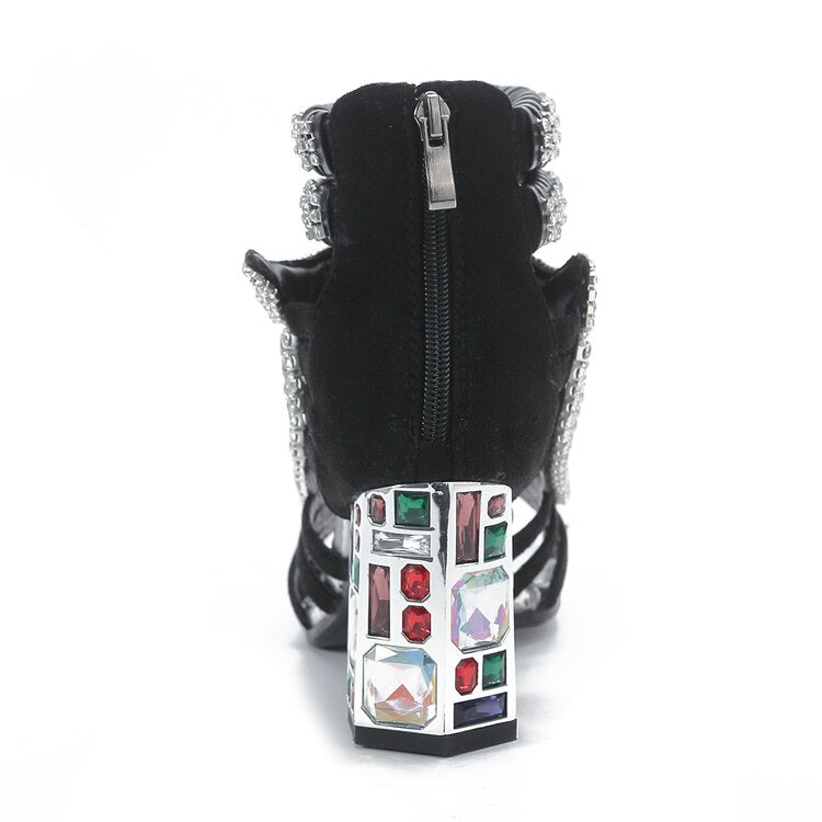 Summer Fashion Sandals Bling Rhinestone High Heels Diamond Chunky Heel Thin Strap Zip Open Toe Boots Designer Shoes Party Prom