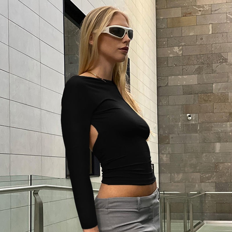 Y2K Sexy Backless Crop Top Women Casual 2023 Summer Short Sleeve O Neck T Shirts Streetwear Fit Slim Pullovers Base Tees T-Shirt Long Sleeve Black
