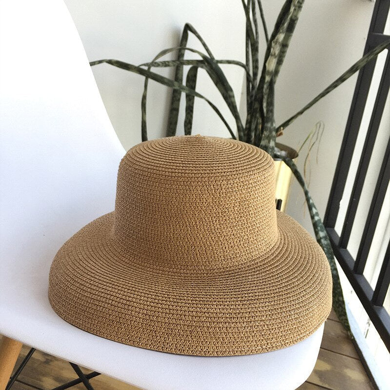Summer hat new female sun hat folding beach hat big brim travel sunscreen Hepburn wind sun hat travel 6 Spain 55-58CM