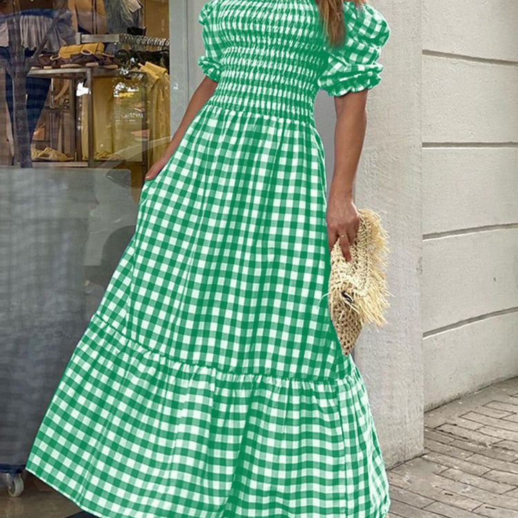 Summer Long Maxi Dress Women Casual Short Sleeve Square Collar Vintage Plaid Party Bohemian Vestidos Loose Sundress