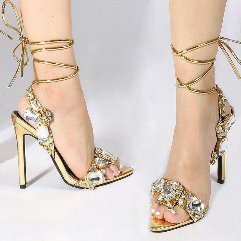 Sexy Ankle Strap Golded Sandals Women Party Nightclub Stripper Heels Crystal Diamond Pointed Toe Wedding Shoe