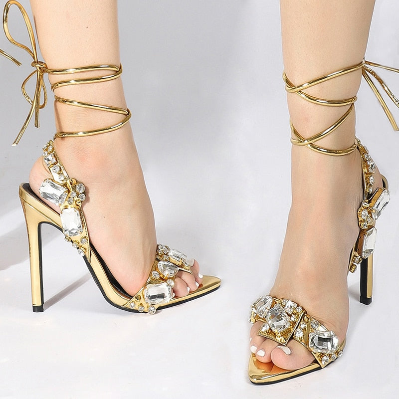 Sexy Ankle Strap Golded Sandals Women Party Nightclub Stripper Heels Crystal Diamond Pointed Toe Wedding Shoe