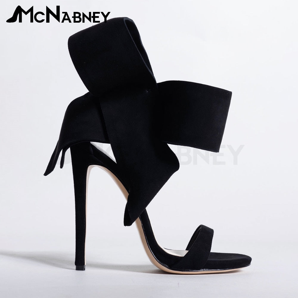 Satin Butterfly Knot High Heels Stiletto Pointed Toe Sandals Luxury Style Shoes Fashion High Heels Shiny Rhinestone Sandals Sale Suede-Black