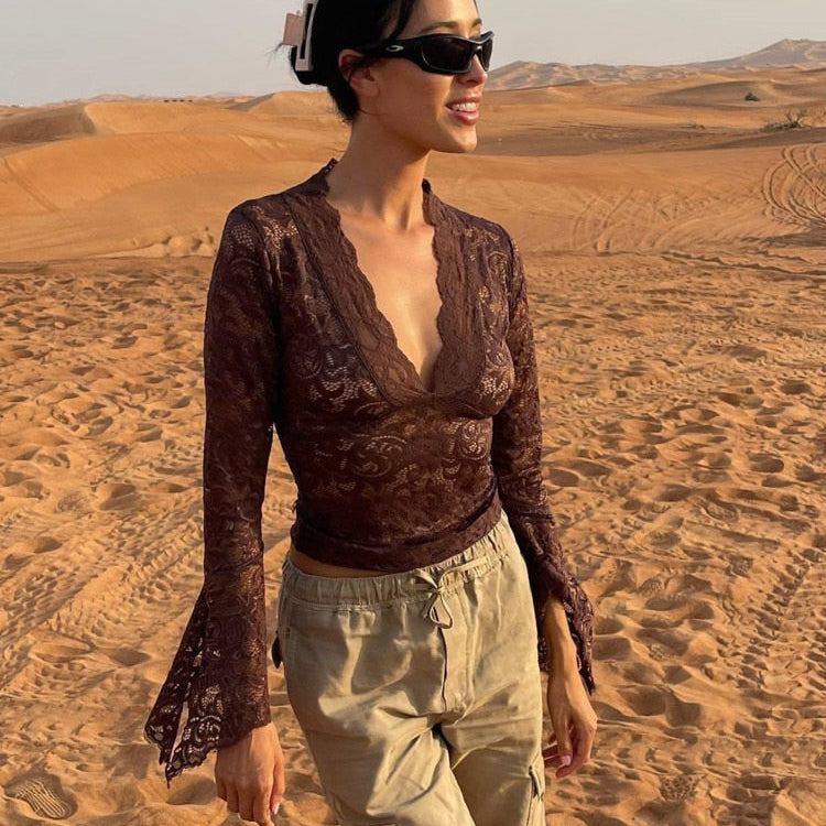 JULISSA MO See Through V-neck Long Sleeve Lace Skinny Tops Outfits Women Summer Party Club T-Shirts Tees Club Party Clothes