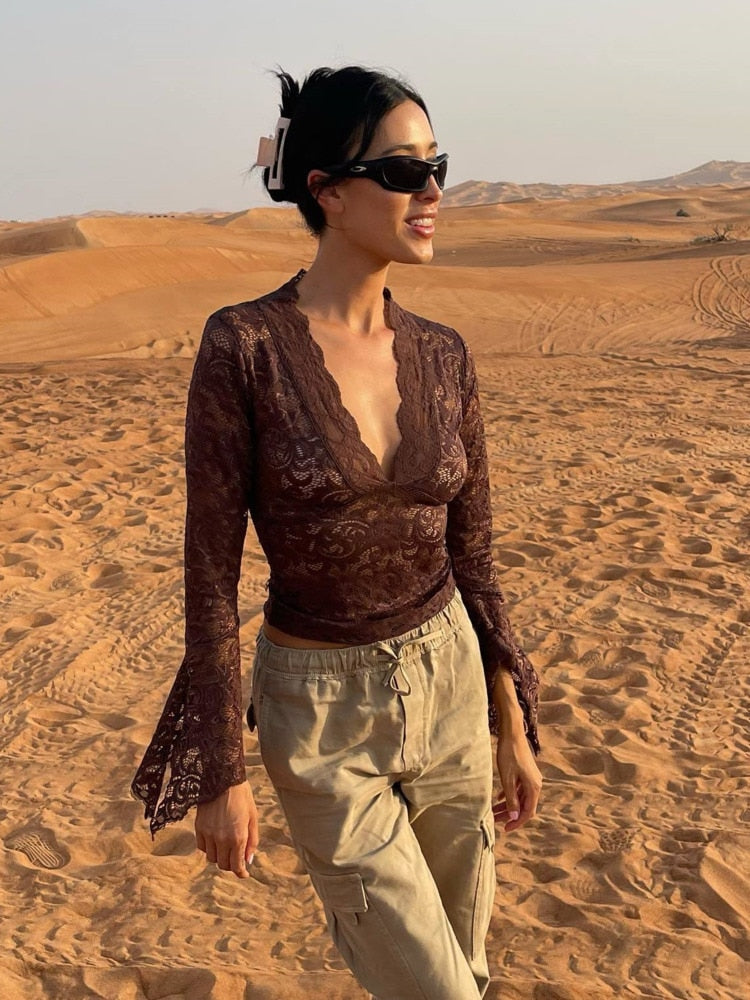 JULISSA MO See Through V-neck Long Sleeve Lace Skinny Tops Outfits Women Summer Party Club T-Shirts Tees Club Party Clothes