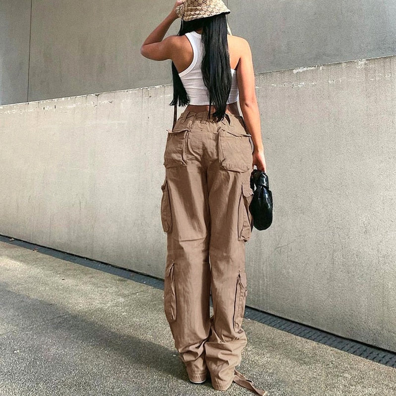 PASSIONNÉ Trousers for Women High Waist Pockets Lace-up Wide Leg Pants Female Vintage Streetwear Style Fashion New