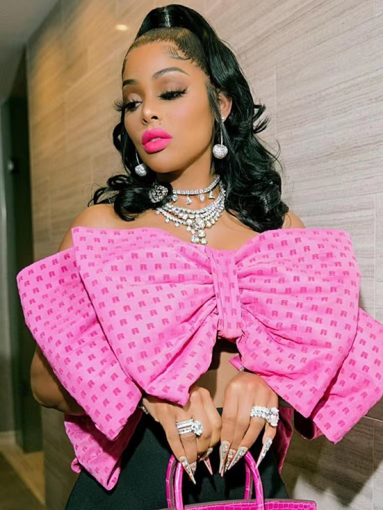 Summer Letter Print Big Bow Crop Top Elegant Women Sexy Strapless Layered Bowknot Backless Shirt Casual Clothing Party Tops