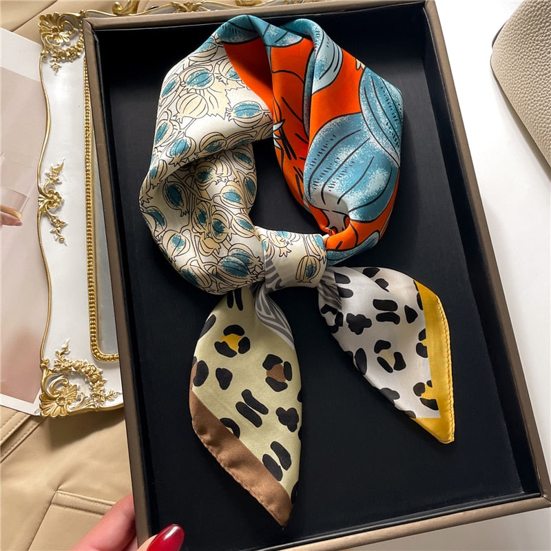 Fashion Hair Scarf for Women Decor Headband Ribbon Satin Silk Square Scarves Lady Wrist Wrap Shawls Design Bandana Foulard FJ715-2