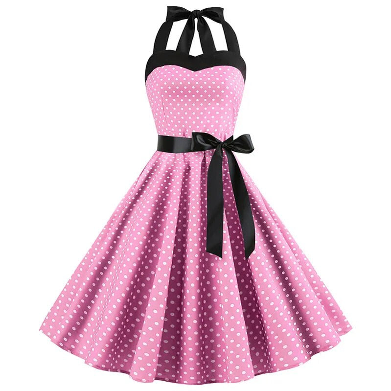 Polka Dot Dress Women Vintage Swing Halter Belt 50s 60s Rockabilly Prom Party Dresses Retro Feminino Vestidos 1014-PINK