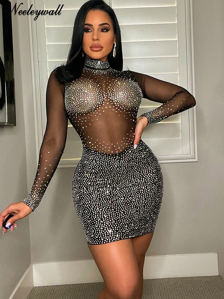 Sexy Mesh Crystal Patchwork Sheer Mini Dress New Elegant Women Long Sleeve Bodycon Dress Night Clubwear Outfits